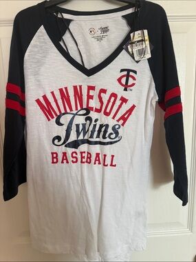 Genuine Merchandise Minnesota Twins Raglan V-Neck Tee - White, Navy & Red